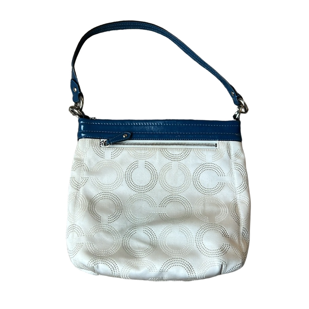Coach Ashley Dot Print Shoulder Bag Tan with Blue Leather Trim Retro Iconic Logo - Picture 3 of 9